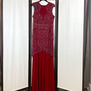 HOMECOMING! NWT VIJIV Sheer Sequined Maxi Wine Burgundy Dress V Back Size XL
